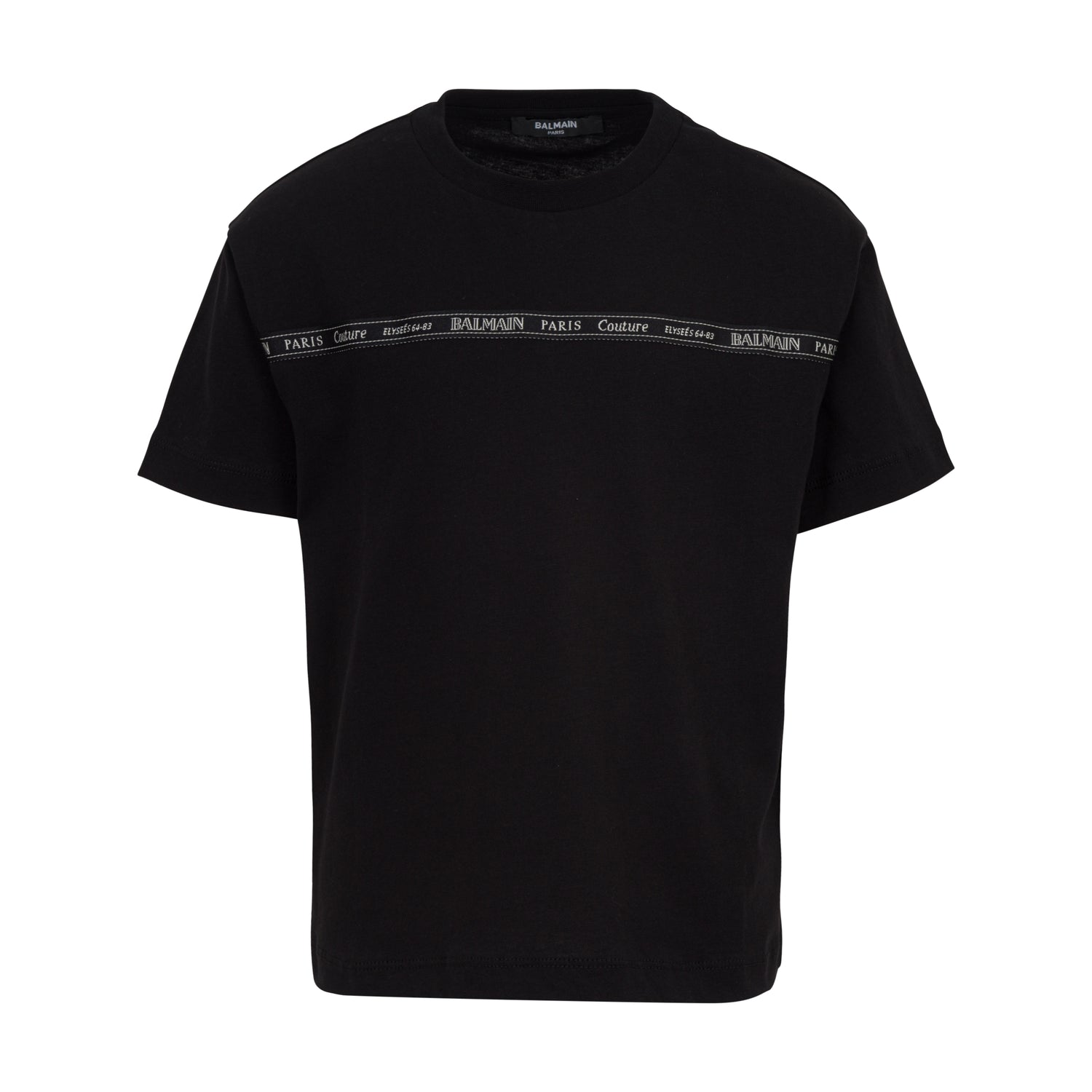 Black t-shirt with Balmain logo on a white background