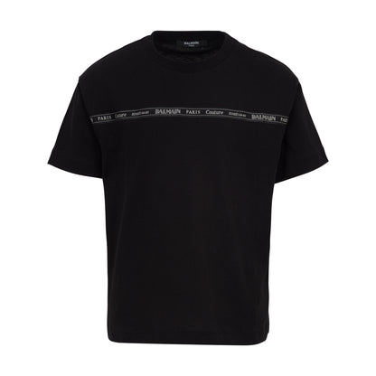 Black t-shirt with Balmain logo on a white background