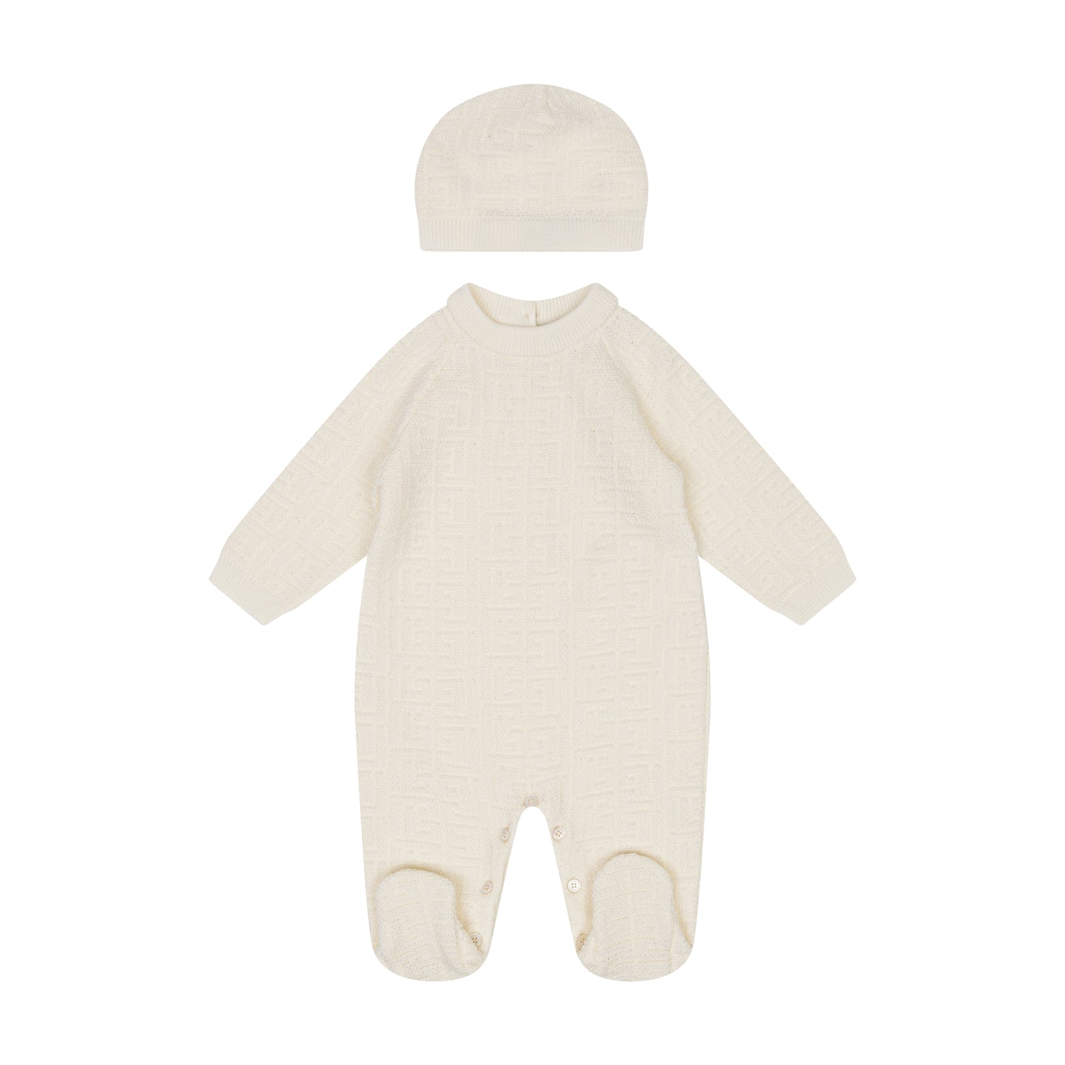 Cream-colored baby onesie with matching hat on a white background
