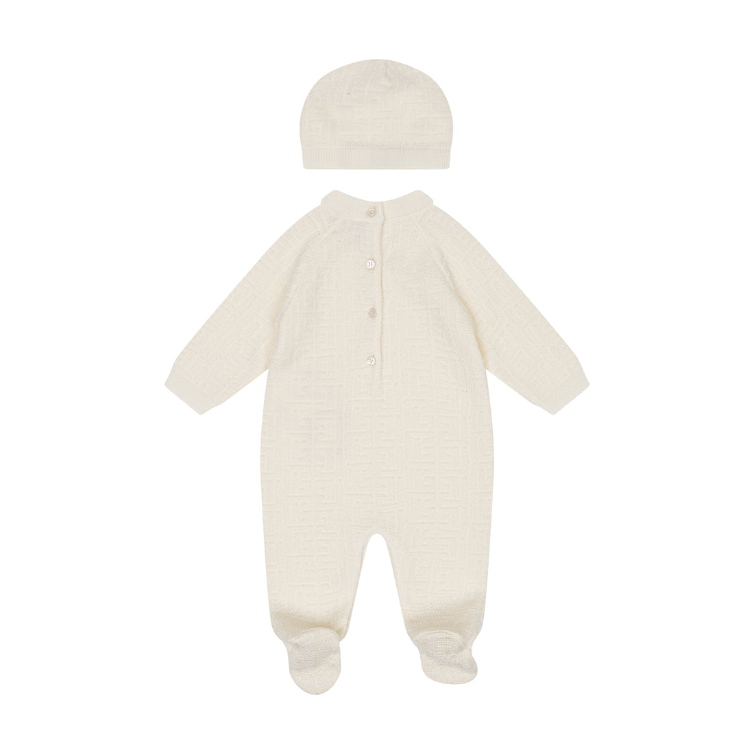 White baby onesie with hat on a white background