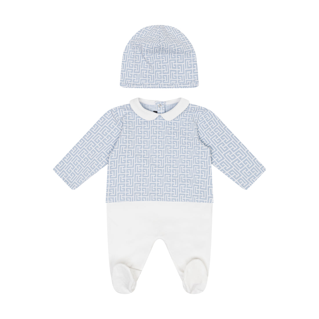 Baby outfit with blue and white checkered pattern on a white background