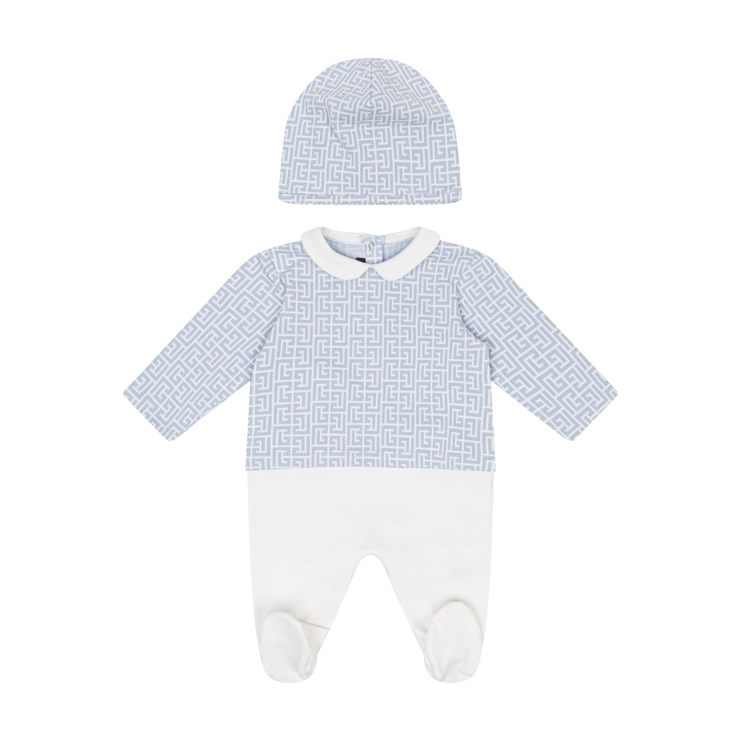 Baby outfit with blue and white checkered pattern on a white background