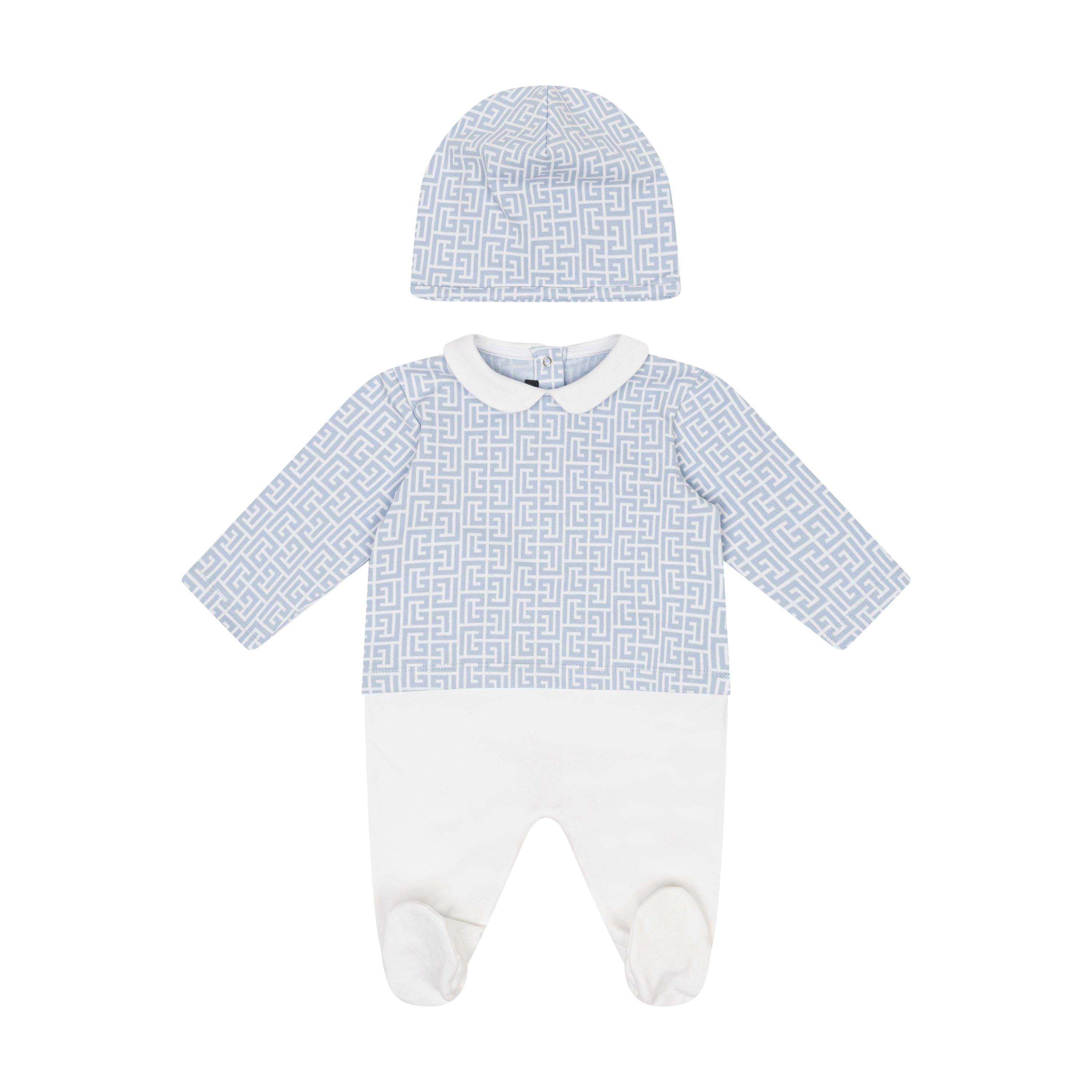 Baby outfit with blue and white checkered pattern on a white background