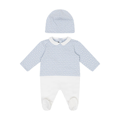 Baby outfit with blue and white checkered pattern on a white background