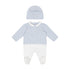 Baby outfit with blue and white checkered pattern on a white background