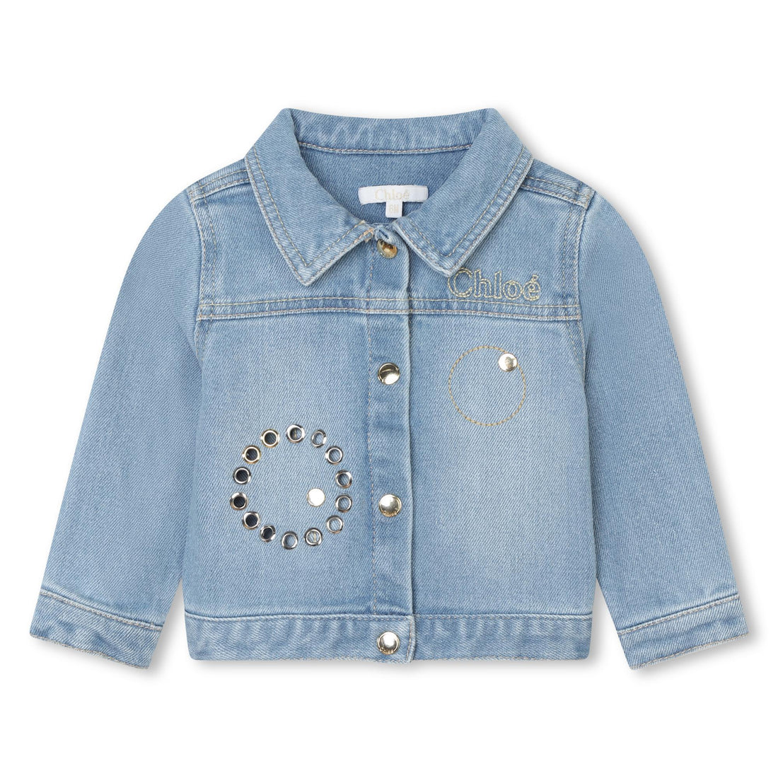 Chloé Embroidered Denim Jacket with Gold and Silver Eyelet Details | Schools Out