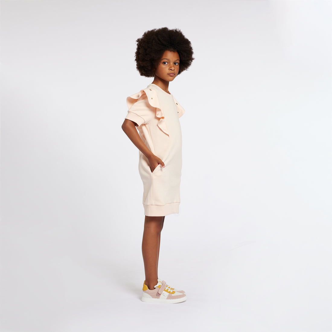 Chloé Short-Sleeved French Terry Dress with Gold and Silver Eyelet Ruffles | Schools Out