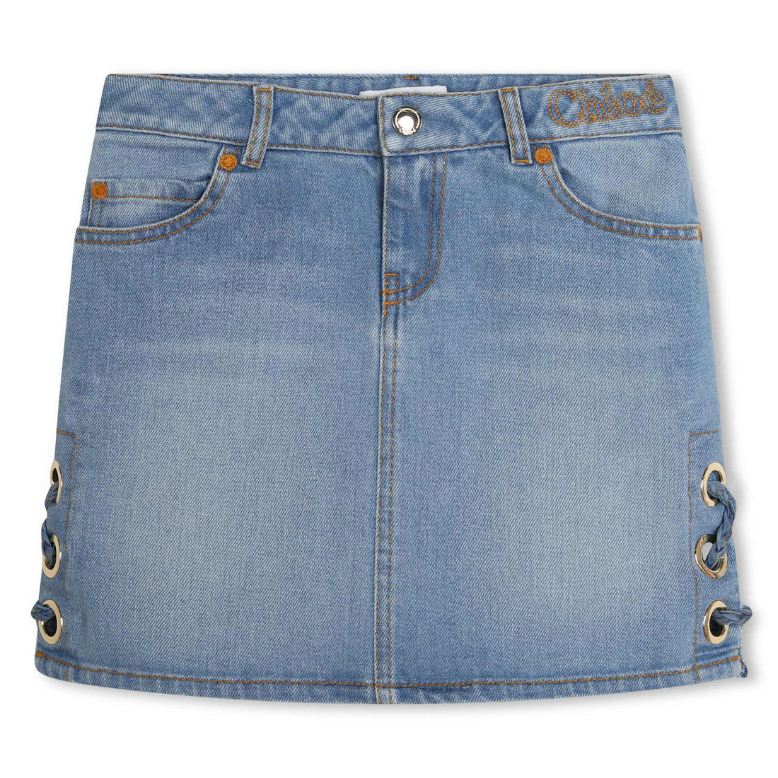 Five-Pocket Denim Skirt with Gold Embroidery