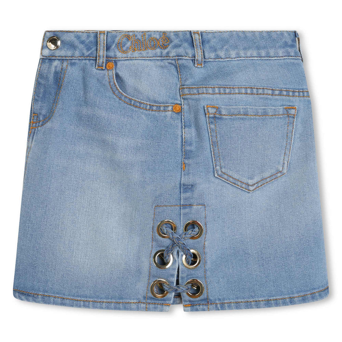 Five-Pocket Denim Skirt with Gold Embroidery