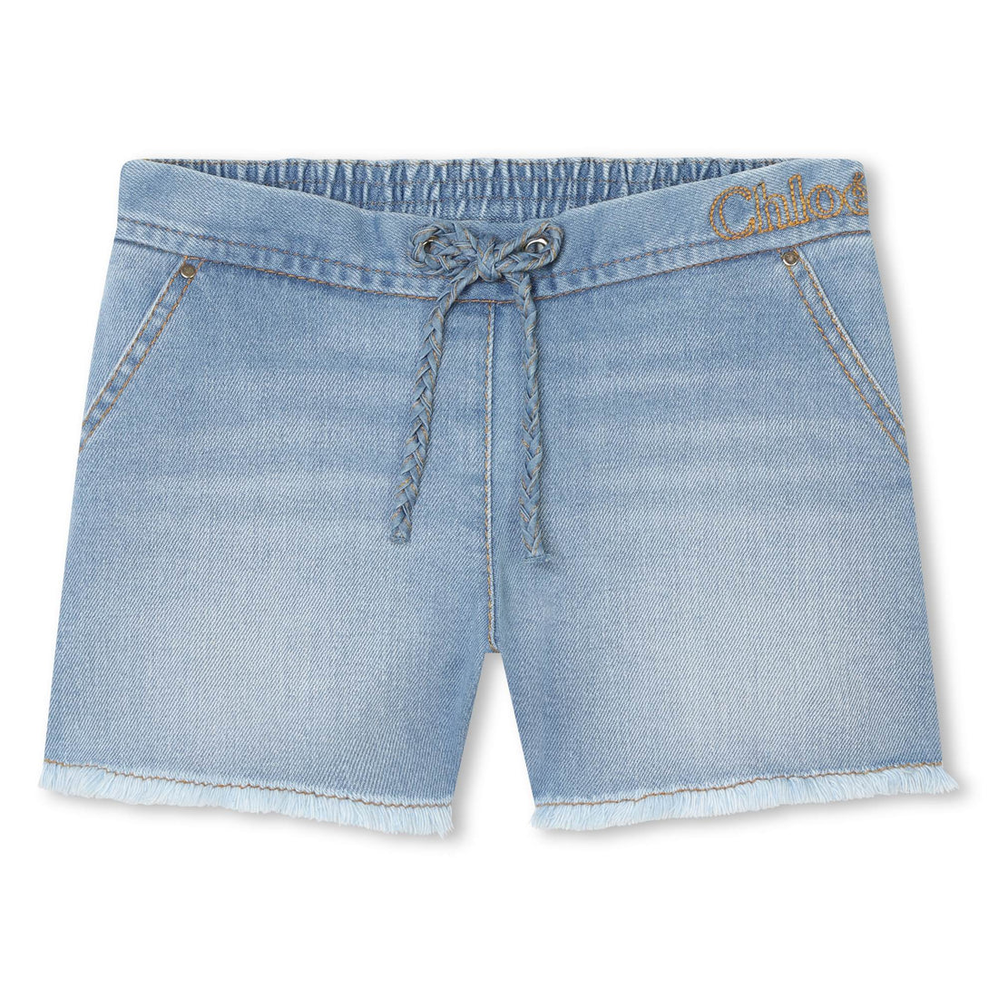 Denim Shorts with Gold Embroidery and Fringed Hem