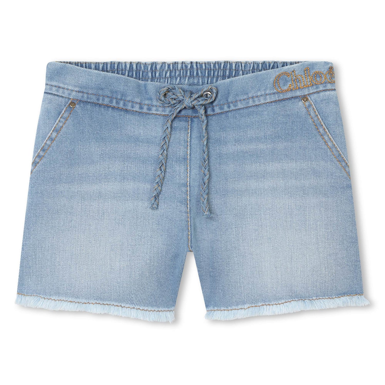 Denim Shorts with Gold Embroidery and Fringed Hem