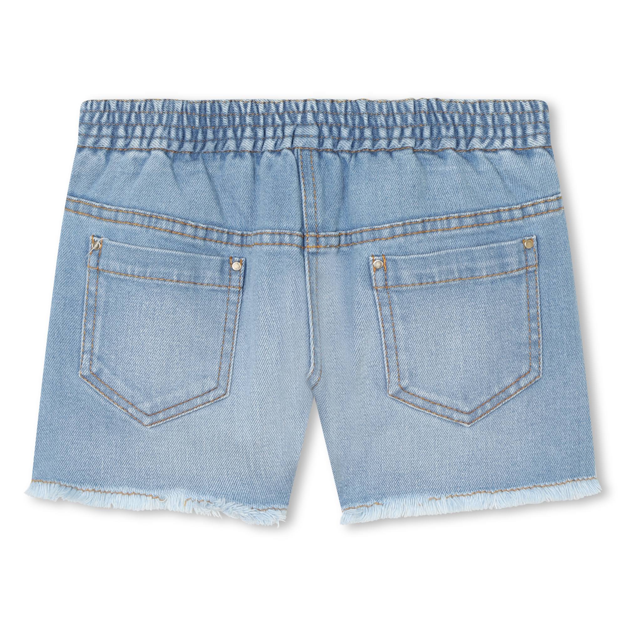 Denim Shorts with Gold Embroidery and Fringed Hem