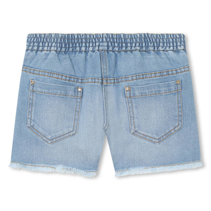 Denim Shorts with Gold Embroidery and Fringed Hem