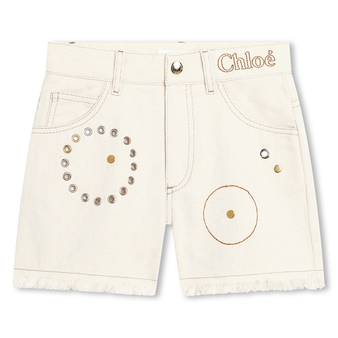 Chloé Five-Pocket Denim Shorts with Gold and Silver Eyelet Detailing | Schools Out