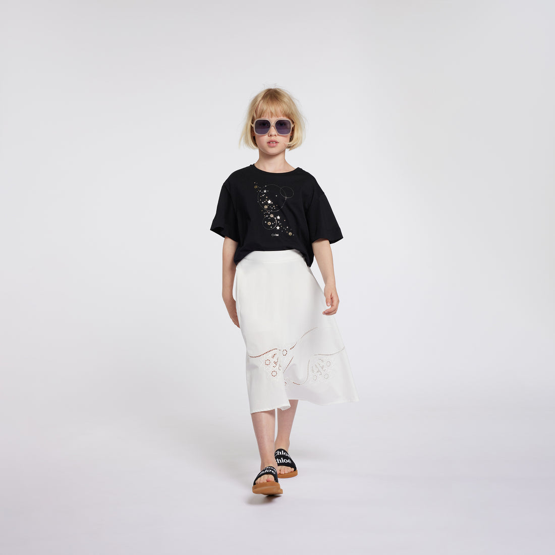 Chloé Short Sleeves Tee-Shirt with Gold and Silver Star Print and Stud Details | Schools Out