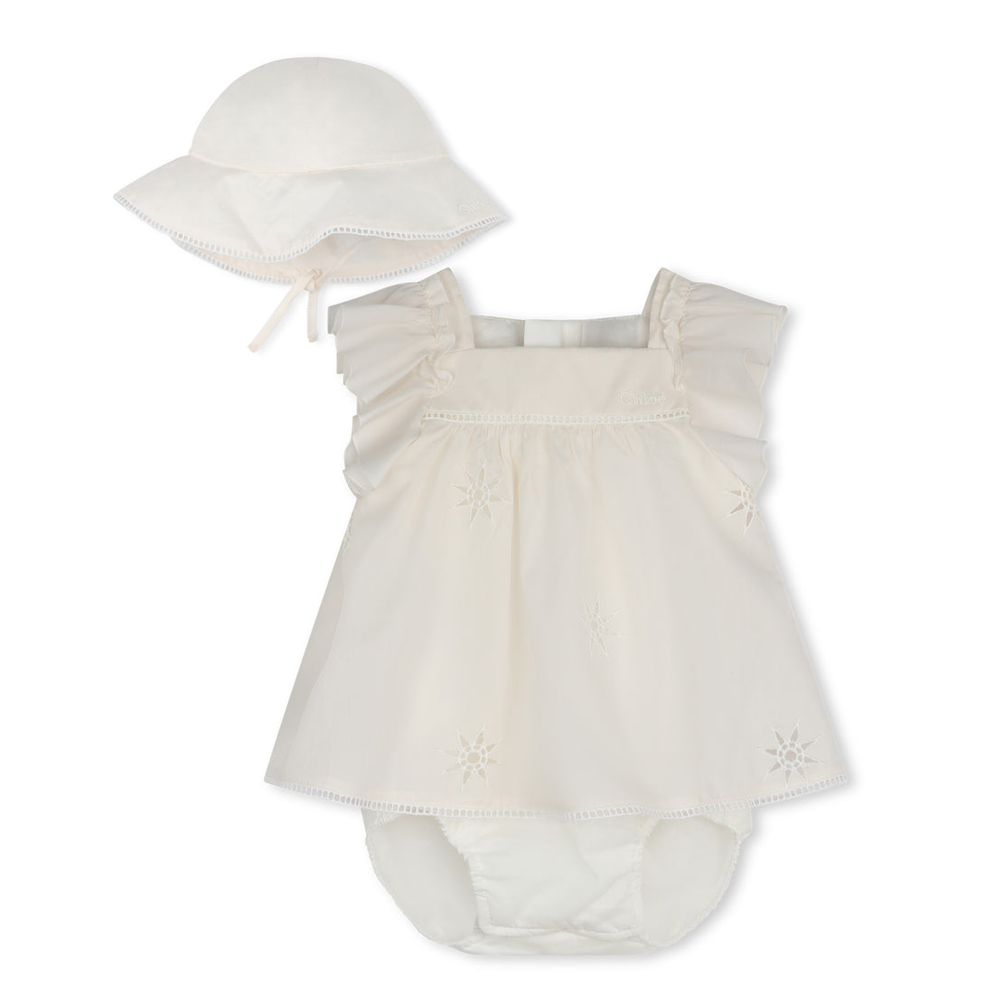 Chloé Organic Cotton Dress and Hat Set with Star Embroidery | Schools Out