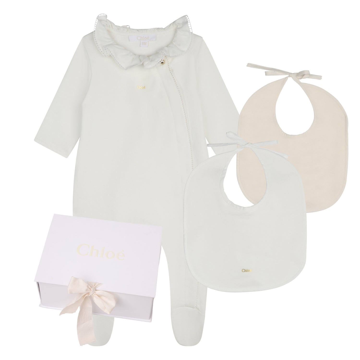 Chloé Organic Cotton Pyjamas and Bib Set with Golden Trims | Schools Out