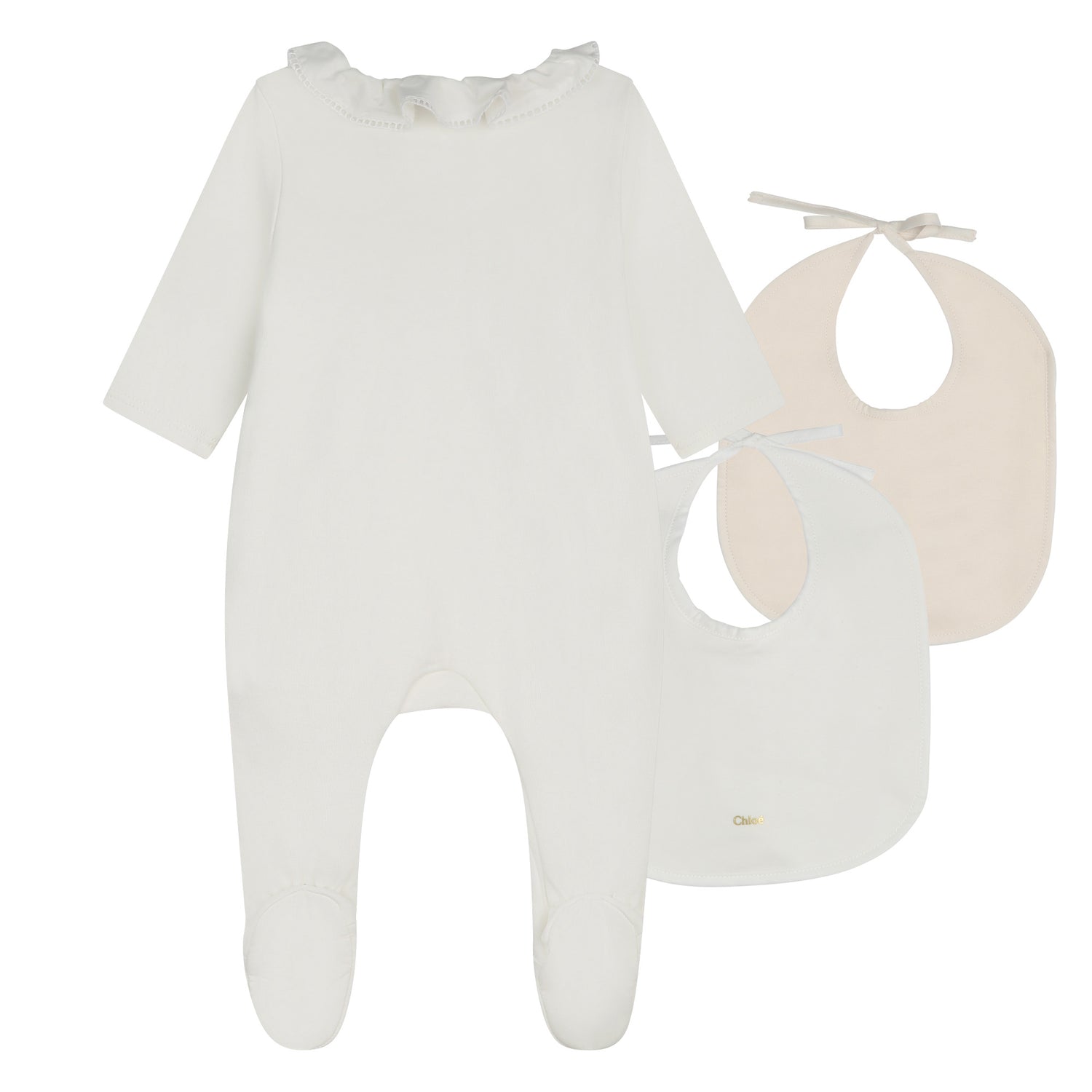 Chloé Organic Cotton Pyjamas and Bib Set with Golden Trims | Schools Out