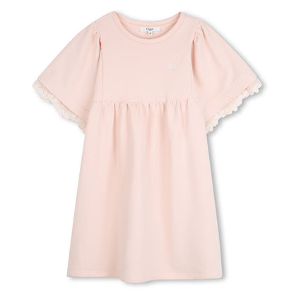 Pale Pink Cotton Short Sleeve Dress with Broderie Anglaise Trim