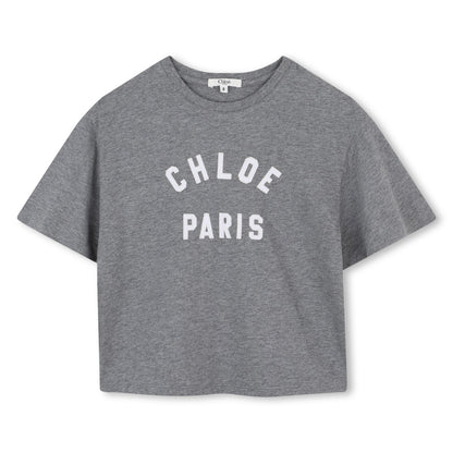 Grey Cotton Short Sleeve T-Shirt with Paris Logo Print