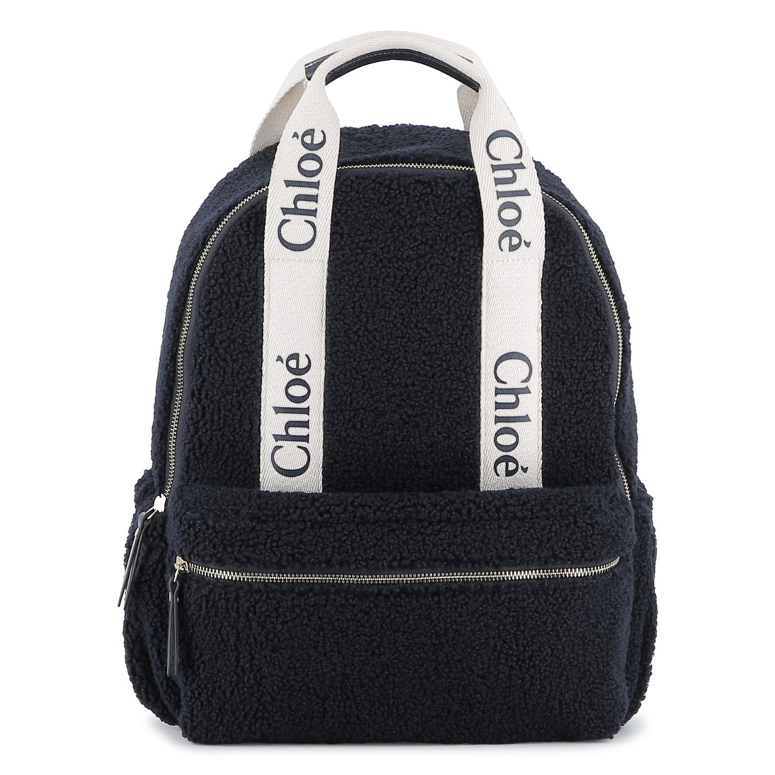 Navy Faux Shearling Backpack with Branded Grosgrain Handles