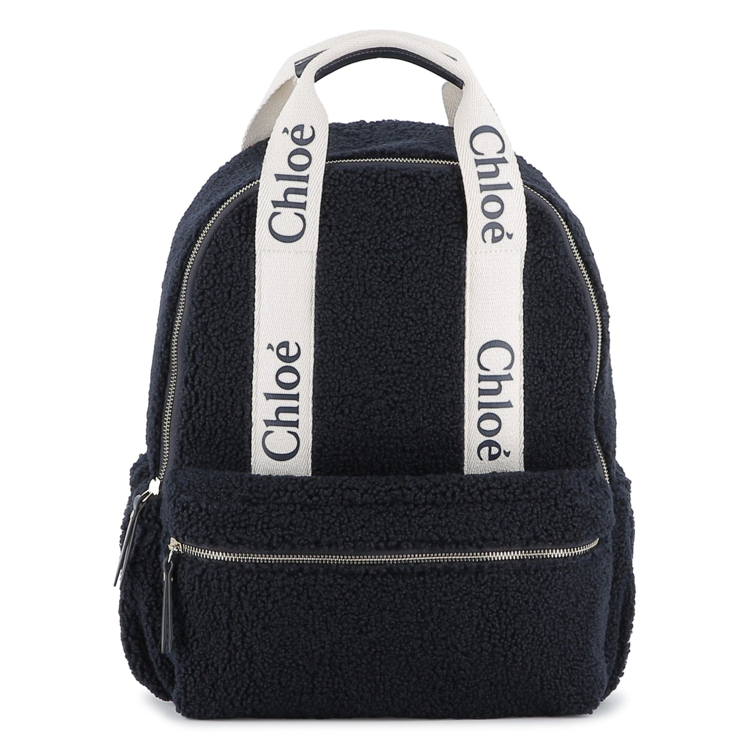 Navy Faux Shearling Backpack with Branded Grosgrain Handles