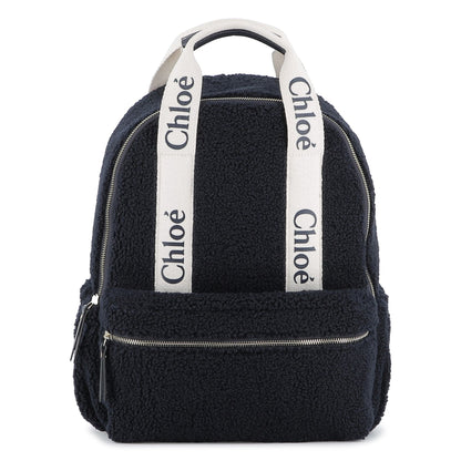 Navy Faux Shearling Backpack with Branded Grosgrain Handles