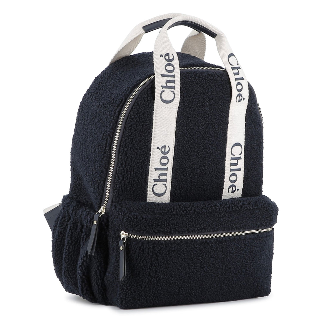 Navy Faux Shearling Backpack with Branded Grosgrain Handles