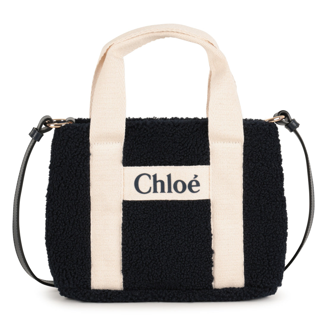 Faux Shearling Tote Bag with Leather Strap and Logo Handles