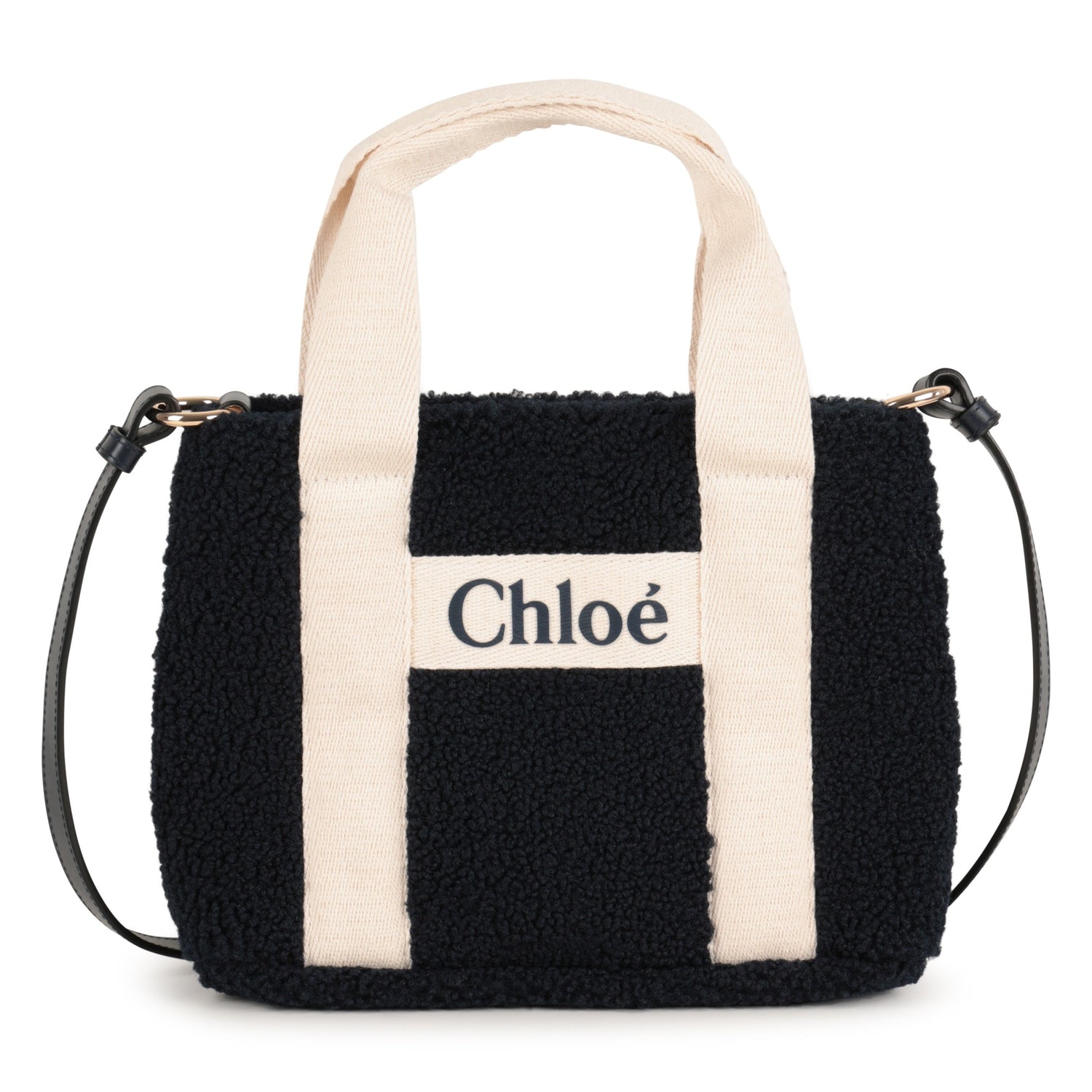 Faux Shearling Tote Bag with Leather Strap and Logo Handles