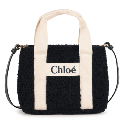 Faux Shearling Tote Bag with Leather Strap and Logo Handles