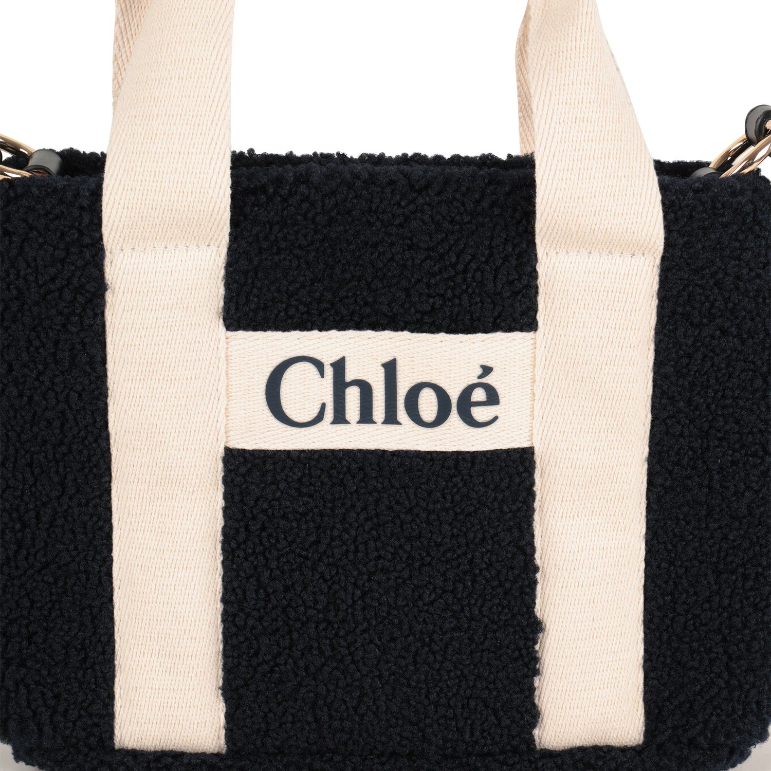 Faux Shearling Tote Bag with Leather Strap and Logo Handles