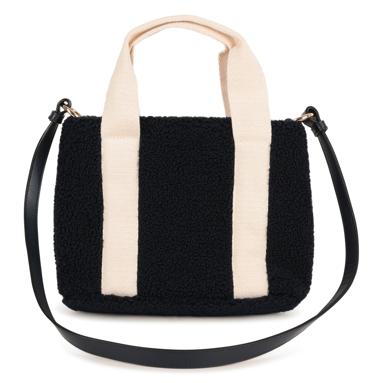 Faux Shearling Tote Bag with Leather Strap and Logo Handles