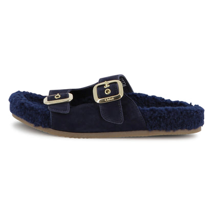 Navy Suede Sandals with Faux Shearling Insole and Gold Buckles