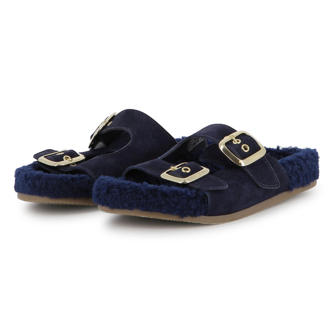 Navy Suede Sandals with Faux Shearling Insole and Gold Buckles