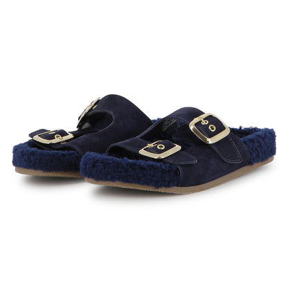 Navy Suede Sandals with Faux Shearling Insole and Gold Buckles