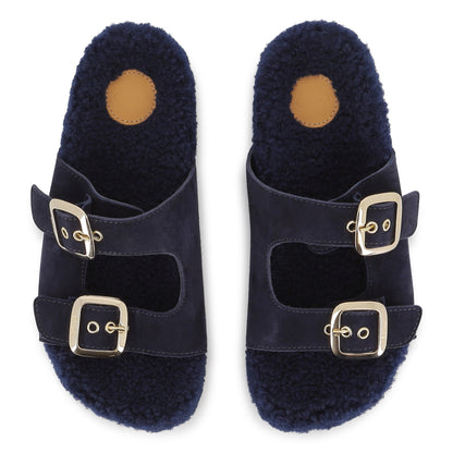 Navy Suede Sandals with Faux Shearling Insole and Gold Buckles