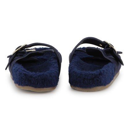 Navy Suede Sandals with Faux Shearling Insole and Gold Buckles