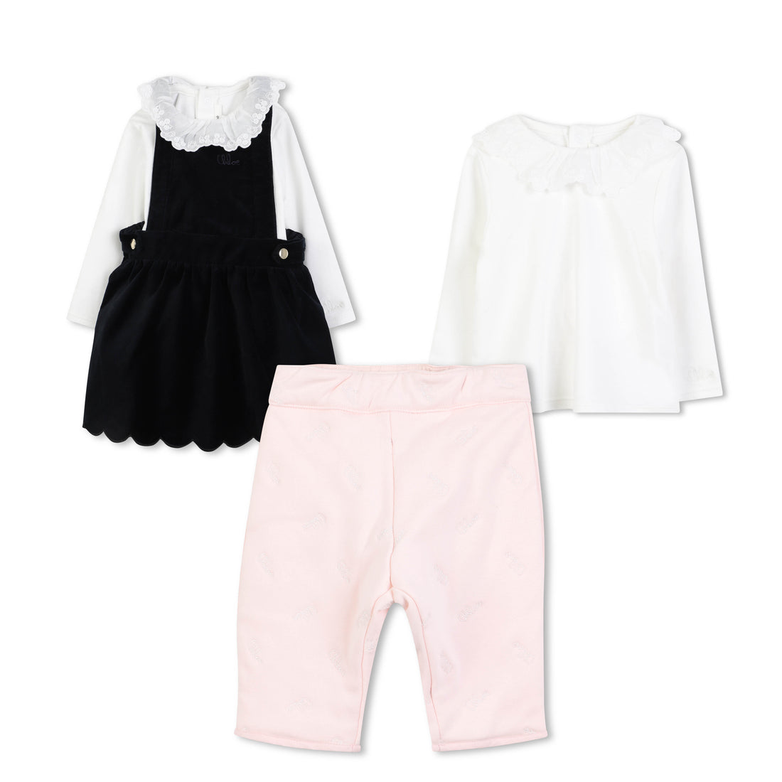 Black Velvet Pinafore Dress with White Top and Pink Leggings Three Piece Set