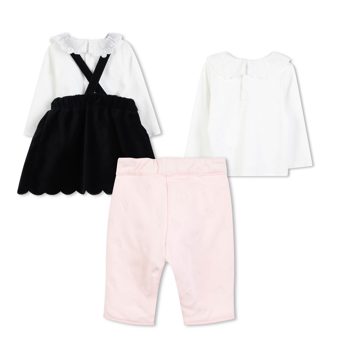 Black Velvet Pinafore Dress with White Top and Pink Leggings Three Piece Set