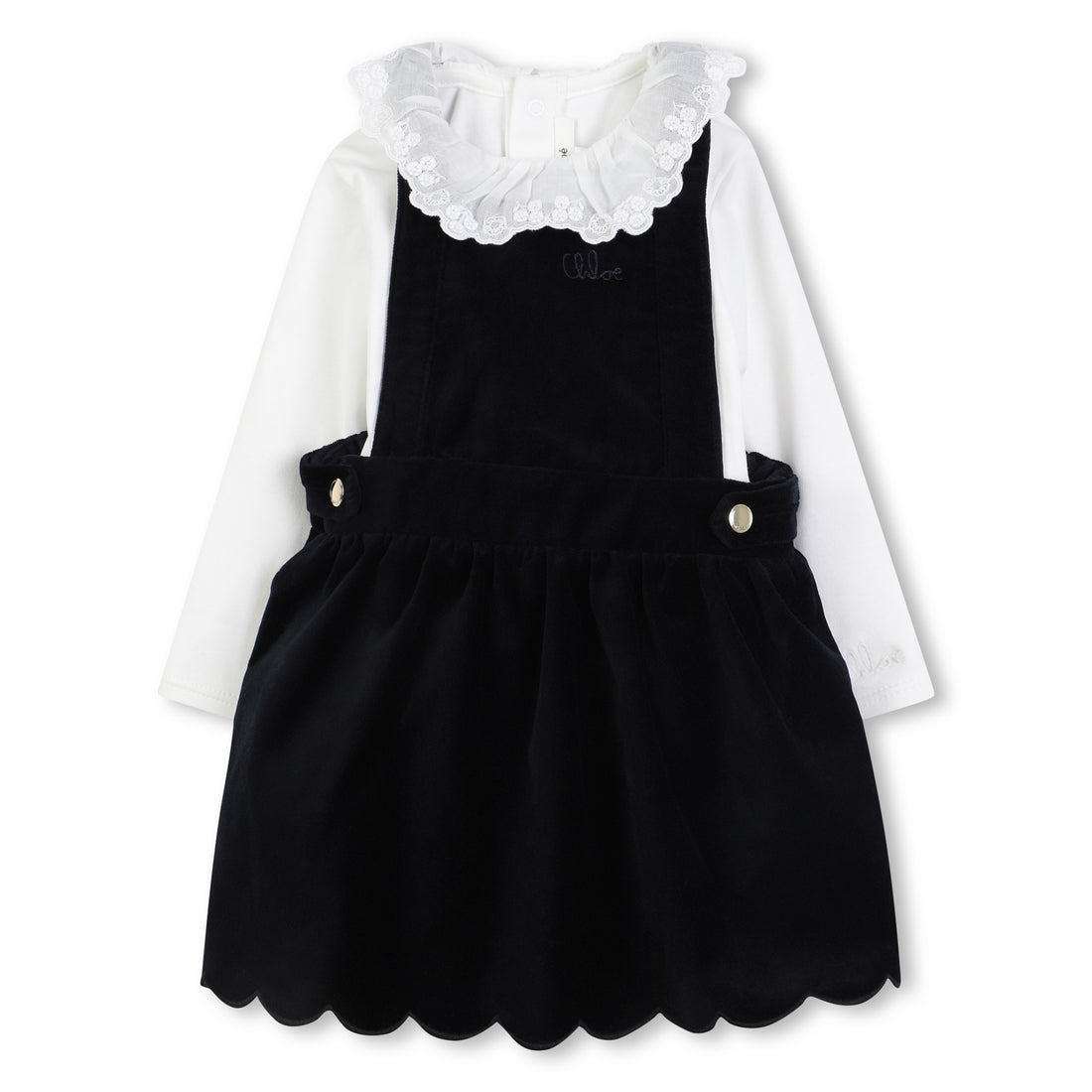 Black Velvet Pinafore Dress with White Top Two Piece Set