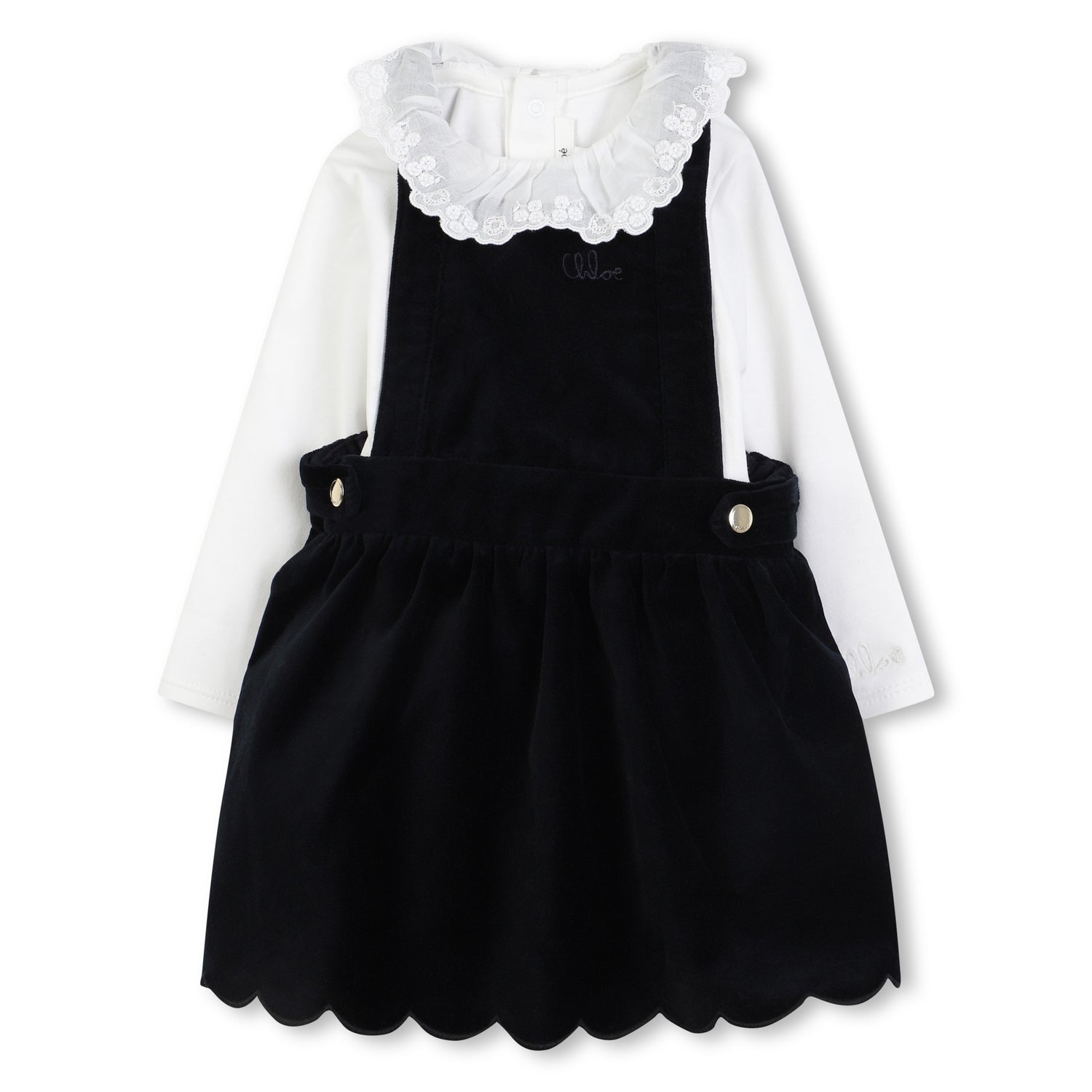 Black Velvet Pinafore Dress with White Top and Pink Leggings Three Piece Set