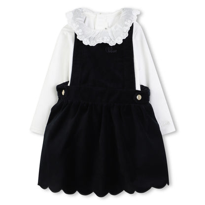 Black Velvet Pinafore Dress with White Top and Pink Leggings Three Piece Set
