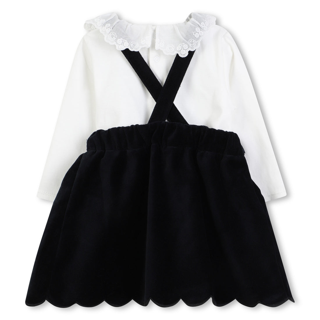 Black Velvet Pinafore Dress with White Top Two Piece Set