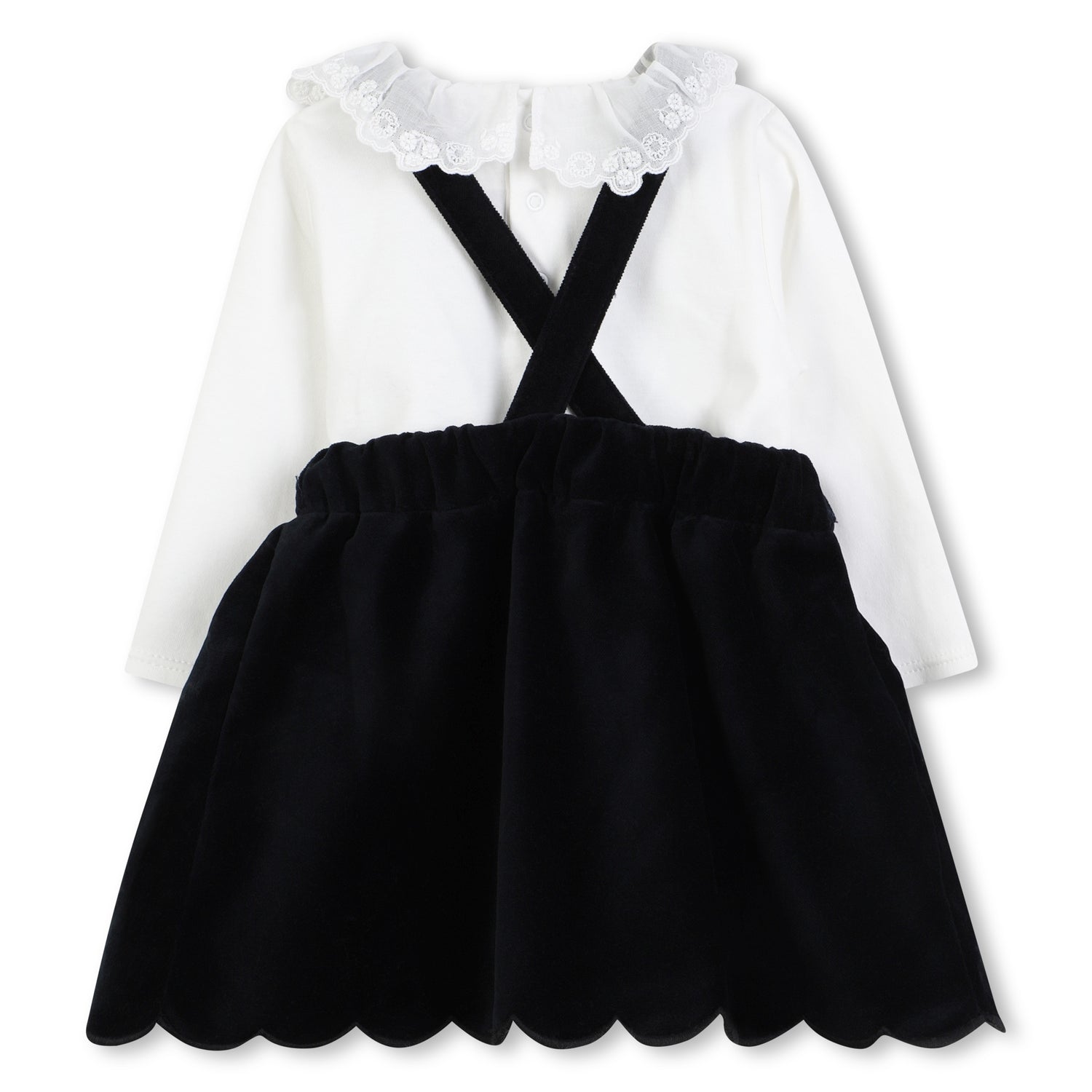 Black Velvet Pinafore Dress with White Top and Pink Leggings Three Piece Set