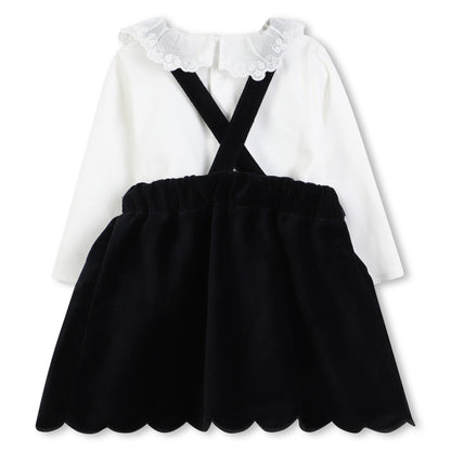Black Velvet Pinafore Dress with White Top and Pink Leggings Three Piece Set