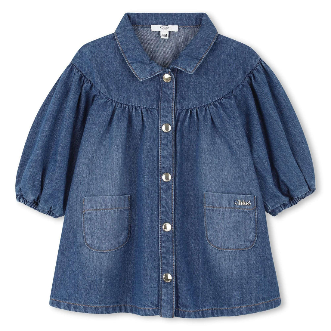 Blue Denim Long Sleeve Shirt Dress with Gathered Details and Pockets