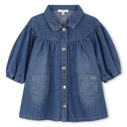 Blue Denim Long Sleeve Shirt Dress with Gathered Details and Pockets