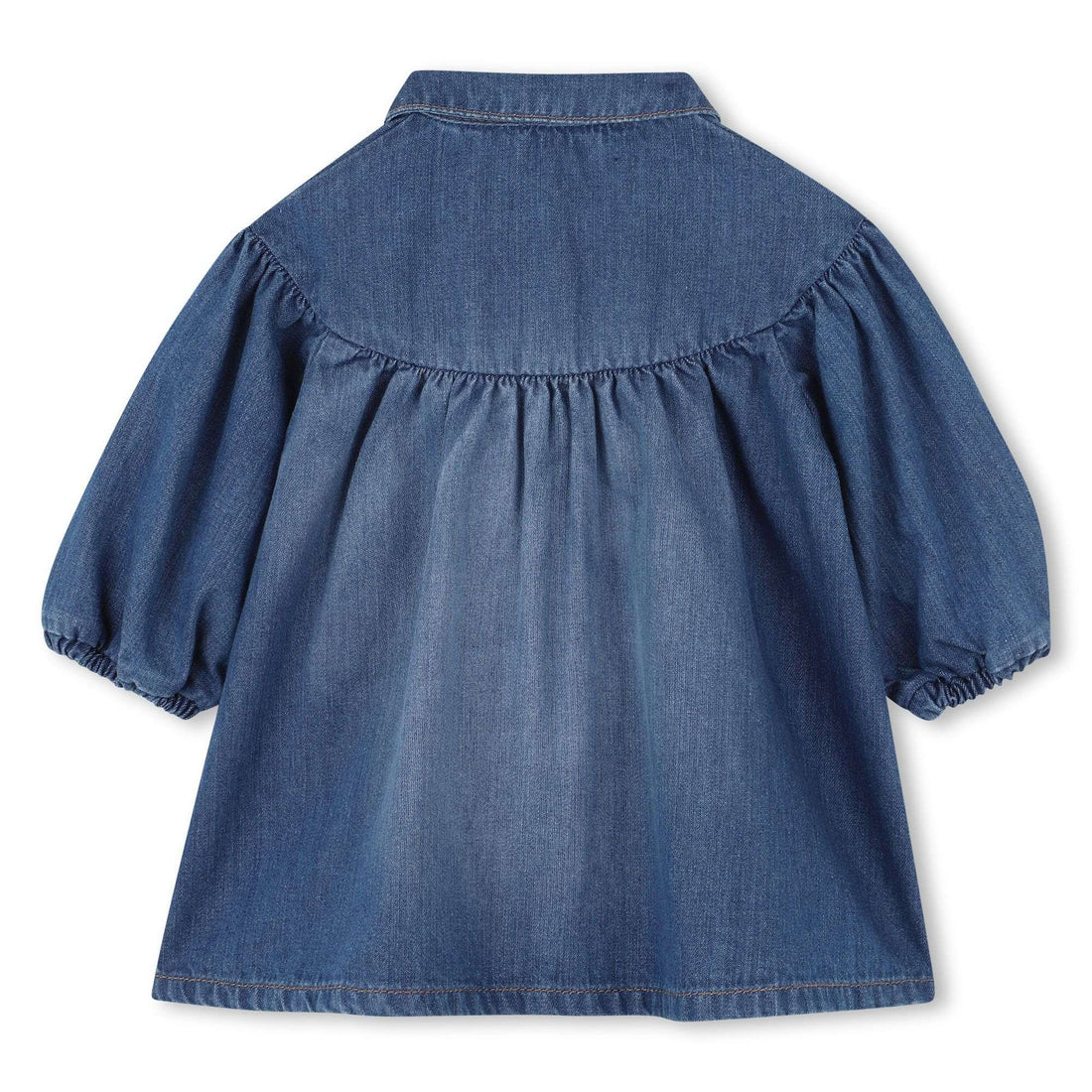 Blue Denim Long Sleeve Shirt Dress with Gathered Details and Pockets