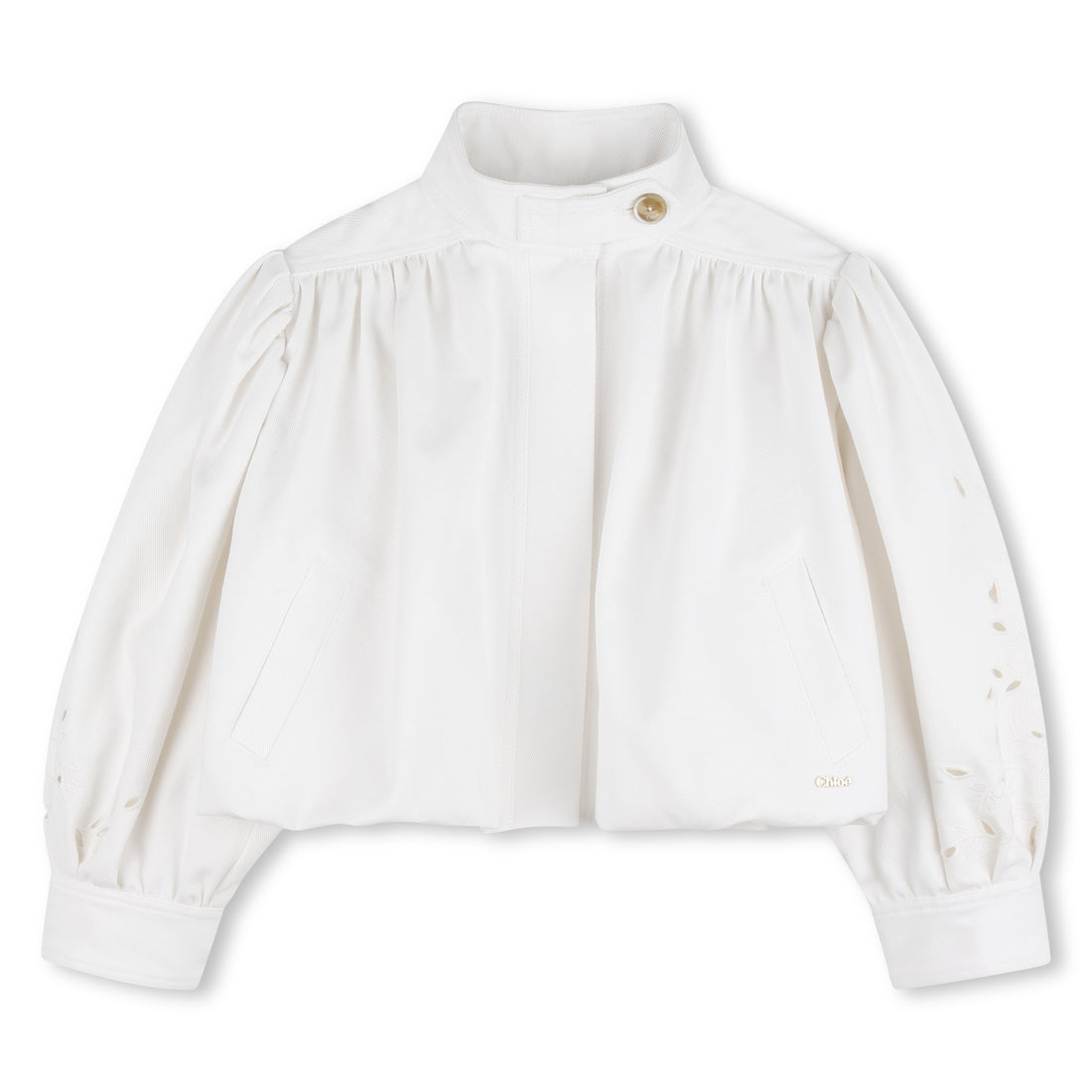 Organic Cotton Twill Cropped Jacket with Floral Openwork Embroidery Chloe